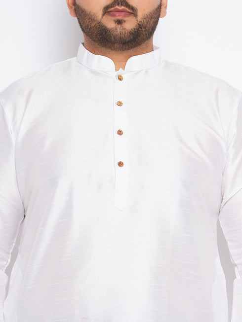 Jashvi Men's Plus Size White Silk Blend Kurta And Blue Pyjama Set